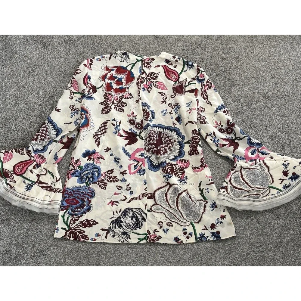 Tory Burch Silk Blouse Top‎ Size 2 Floral Multicolor *STAIN*